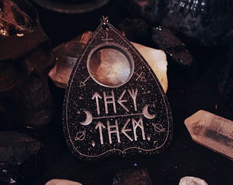 They/Them Planchette Keychain Acrylic - Black Glitter Non-binary Genderqueer Trans Transgender Ouija Pronoun Pride Queer Magic Witch