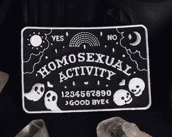 Homosexual Activity Ouija Board Patch - Iron On Embroidered Patch - 3.75" x 2.5" LGBTQ Queer Gay Pride Spooky Skull Ghost Witch Paranormal