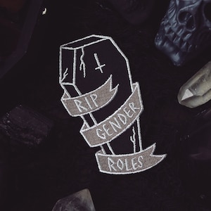 RIP Gender Roles Patch - 4" Iron On Embroidered Patch - Spooky Gothic Goth Punk Feminist Equality LGBTQ Ally