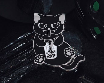 Black Cat Boba - Enamel Lapel Pin - Cute Cat Drinking Bubble Tea Spooky Night Star Moon Gothic