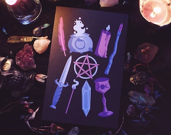 Altar Tools Print - 8.5" x 5.5" Print - Witch Pentacle Crystal Wand Cauldron Candle Witchcraft Artwork Purple Blue Spooky