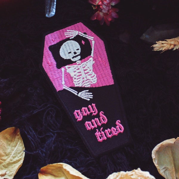 Gay And Tired Patch - 4.5" Iron On Embroidered Patch - Spooky Coffin Queer Skeleton Halloween LGBTQ Queer Pride Pink