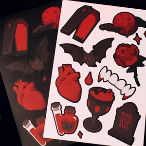 Vampire Lover Sticker Sheet - 4"x6" Gothic Horror Spooky Stationery Fangs Blood Bat Coffin Rose Heart Death Halloween Dark Romance image 1