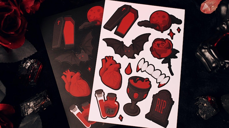 Vampire Lover Sticker Sheet - 4"x6" Gothic Horror Spooky Stationery Fangs Blood Bat Coffin Rose Heart Death Halloween Dark Romance image 1