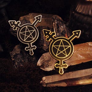 May include: Two gold-coloured pins with a black pentagram inside a circle. Each pin has a symbol that resembles a transgender symbol with an arrow pointing up and down.