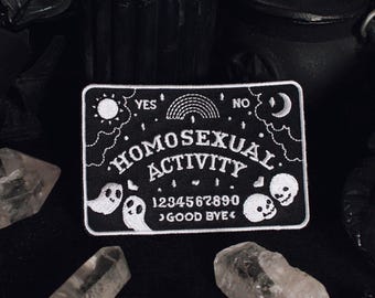 Homosexual Activity Patch - Iron On Embroidered Patch Ouija Board Planchete LGBTQ Queer Gay Pride Ghost Witch Paranormal Spooky Skull Ghost