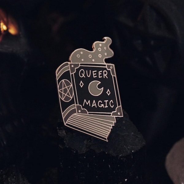 Queer Magic Pin - Enamel Lapel Pin - Queer LGBTQ Gay Trans Pride Witch Spellbook Book Of Shadows Witchcraft Spells Occult Spooky Gothic