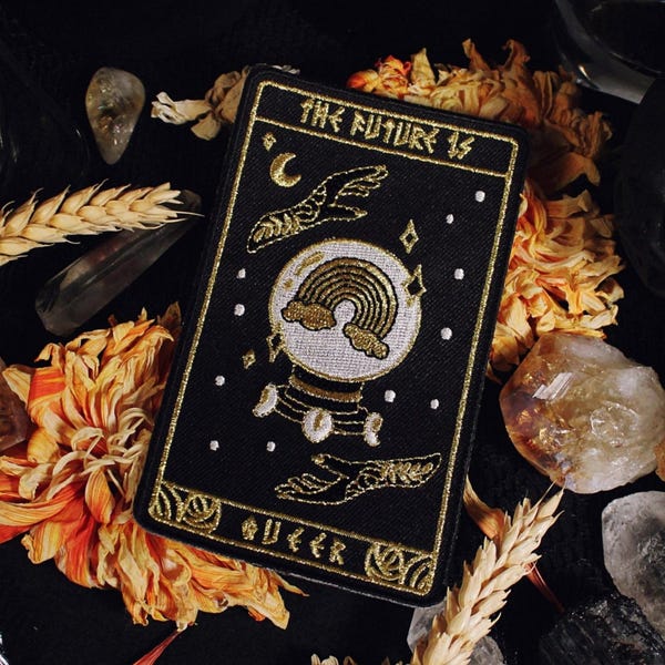 The Future Is Queer Patch - 70mm x 120mm Iron On Embroidered Patch - Tarot Card Witch Queer Magic LGBTQ Gay Pride Gold Thread