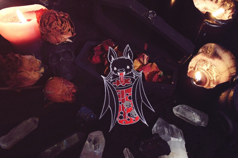 Bat Boba Patch 5 Iron On Embroidered Patch Vampire Blood Bat Gothic Bubble Tea image 2