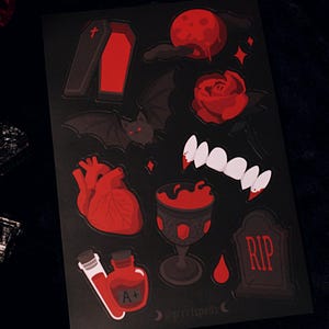 Vampire Lover Sticker Sheet - 4"x6" Gothic Horror Spooky Stationery Fangs Blood Bat Coffin Rose Heart Death Halloween Dark Romance image 2