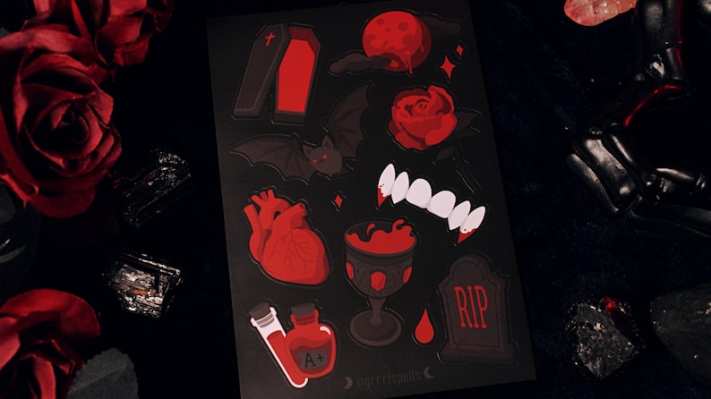 Vampire Lover Sticker Sheet - 4"x6" Gothic Horror Spooky Stationery Fangs Blood Bat Coffin Rose Heart Death Halloween Dark Romance image 2