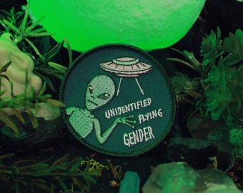 Unidentified Flying Gender Patch - 3" Iron On Embroidered Patch - Non-binary Agender Genderfluid Trans Transgender LGBTQ Queer Pride Alien