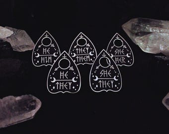 Original Pronoun Planchette Pin - They/them She/her He/Him She/they He/they - Enamel Pin Non-binary Trans Ouija Pride Queer Goth Witch LGBTQ