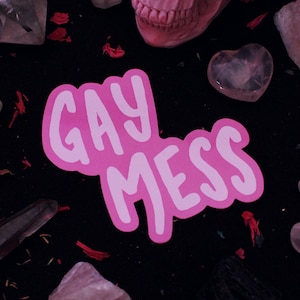 Könnte beinhalten: Ein pinkfarbener Aufkleber mit den Worten "GAY MESS" in einer verspielten Schriftart. Der Aufkleber ist von Kristallen, einem Schädel und anderen dekorativen Elementen auf schwarzem Hintergrund umgeben. Die Gesamtästhetik ist kühn und auffällig.