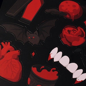 Vampire Lover Sticker Sheet - 4"x6" Gothic Horror Spooky Stationery Fangs Blood Bat Coffin Rose Heart Death Halloween Dark Romance image 4