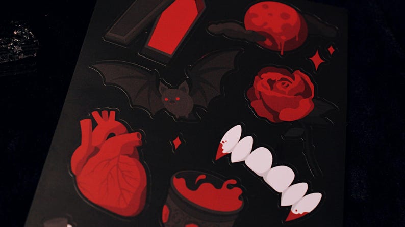 Vampire Lover Sticker Sheet - 4"x6" Gothic Horror Spooky Stationery Fangs Blood Bat Coffin Rose Heart Death Halloween Dark Romance image 4