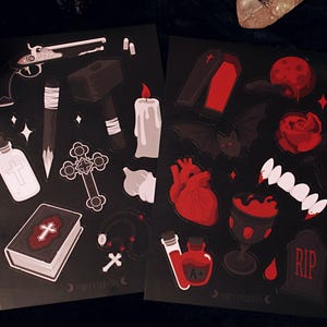 Vampire Lover Sticker Sheet - 4"x6" Gothic Horror Spooky Stationery Fangs Blood Bat Coffin Rose Heart Death Halloween Dark Romance image 6