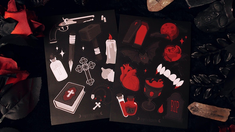 Vampire Lover Sticker Sheet - 4"x6" Gothic Horror Spooky Stationery Fangs Blood Bat Coffin Rose Heart Death Halloween Dark Romance image 6
