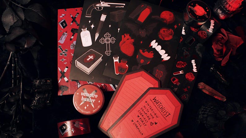 Vampire Lover Sticker Sheet - 4"x6" Gothic Horror Spooky Stationery Fangs Blood Bat Coffin Rose Heart Death Halloween Dark Romance image 5