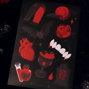 Vampire Lover Sticker Sheet - 4"x6" Gothic Horror Spooky Stationery Fangs Blood Bat Coffin Rose Heart Death Halloween Dark Romance image 3