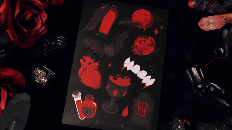 Vampire Lover Sticker Sheet - 4"x6" Gothic Horror Spooky Stationery Fangs Blood Bat Coffin Rose Heart Death Halloween Dark Romance image 3