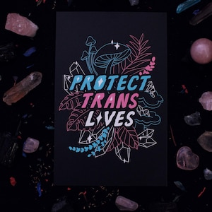 May include: A black print featuring a pink, blue and white design of leaves, crystals and mushrooms. The text "PROTECT TRANS LIVES" is written in pink and blue.