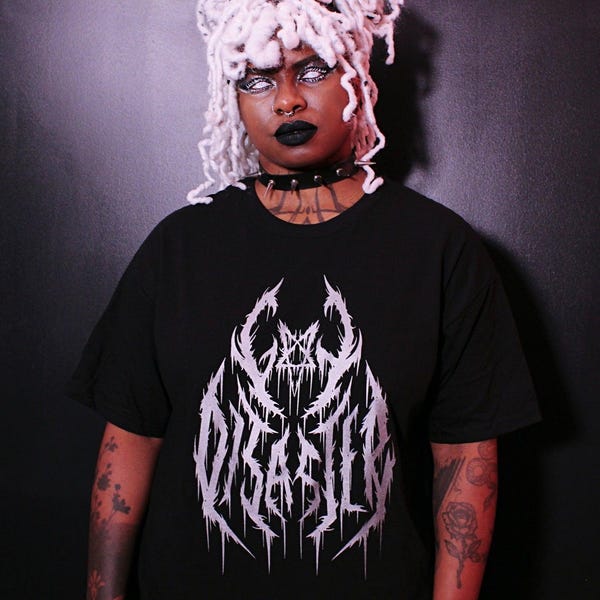 Gay Disaster Shirt - Unisex Screen Printed Metallic Silver Ink  - Queer Trans Gay LGBTQ+ Pride Gothic Black Metal Punk Band Font