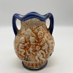 Japanese Majolica Double Handle Urn #49 Cobalt Blue and Copper Putti Cherubs