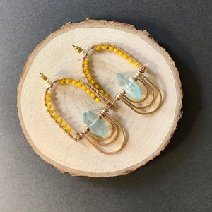 Chunky Blue Quartz Statement Earrings Yellow Crystal Glass Boho Art Deco Geometric Dangle Drop Summer Colorful Gold Filled Earrings