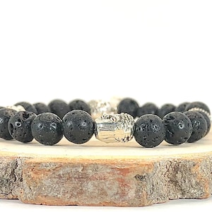 Men’s Lava Stone and Buddha Bracelet-Beaded Lava Bracelet-Men’s Black and Silver Bracelet-Lava Rock Bracelet