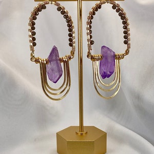 Natural Quartz and Crystal Earrings, Gray Purple and Gold Earrings, Boho Geometric Any Occasion Statement Earrings, Gift for her