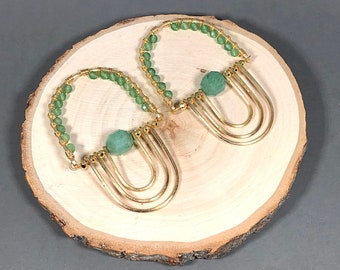 Aventurine Dangle Earrings: Green Gemstone, 18k Gold Geometric Wire Wrapped