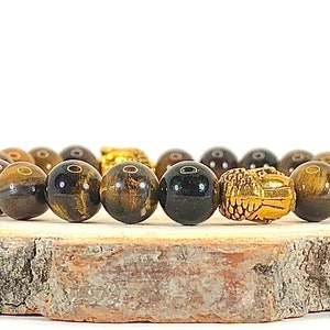 Men’s Beaded Stretch Bracelet- Tiger Eye and Gold Buddha Bracelet-Men’s Healing Bracelet-Chakra Stone Bracelet