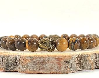 Men’s Beaded Stretch Bracelet-Tiger Eye and Bronze Buddha Bracelet-Men’s Healing Bracelet