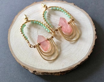 Peach Quartz Statement Earrings, Boho Beaded Dangle, 18k Gold