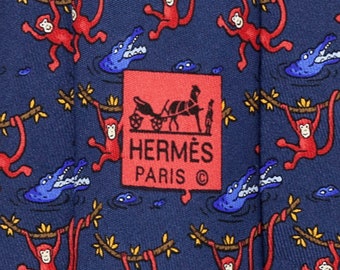 Cravate en soie Hermes pour hommes, motif singe et crocodile fantaisistes 7682 | Cravate cravate