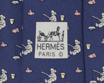 Hermes Men's Silk Tie Whimsical Ice Fishing Pattern 7933  | Necktie Cravate
