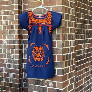 Astros / UTSA / Auburn / FL Gators / HBU Mexican girl's Dress Blue with Orange Embroidery. Perfect Gameday Attire!  Sizes 2-8,