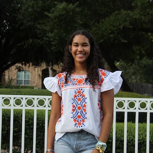 Astros / UTSA / Auburn - Mexican Shirt white with blue and orange full embroidery and ruffled sleeves. Perfect game day attire! S-2XL
