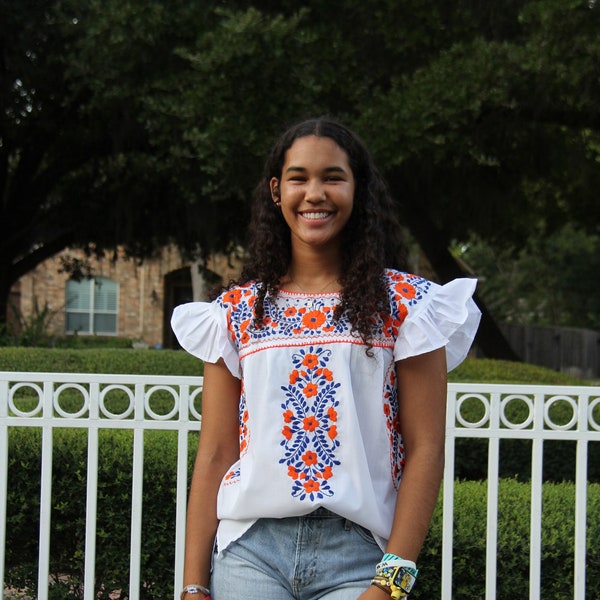 Astros / UTSA / Auburn - Mexican Shirt white with blue and orange full embroidery and ruffled sleeves. Perfect game day attire! S-2XL