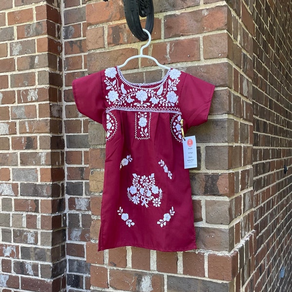 A&M Aggie/Texas State Girl's Mexican Dress Maroon with White Embroidery, sizes 2-8. Perfect Gameday Attire