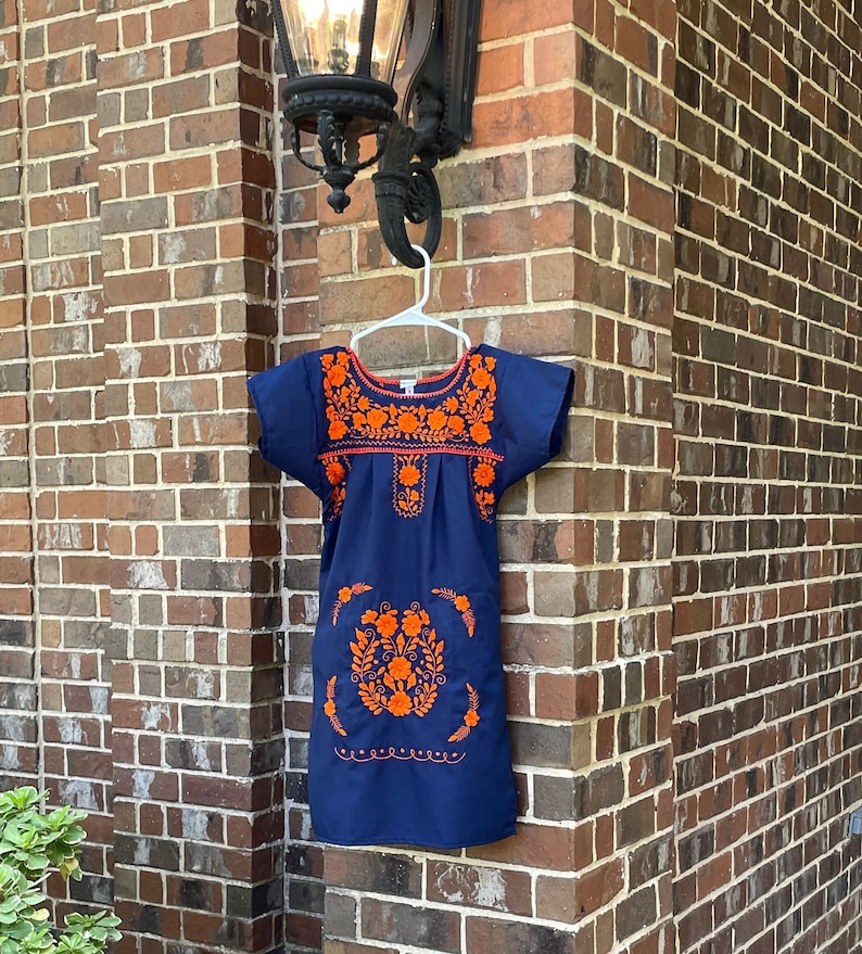 Mexican girl's Dress Blue with Orange Embroidery. Perfect Gameday Attire! Sizes 2-8, image 1