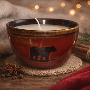 Woodland Home Studio Ceramic Bowl Candle – Bear & Pine Tree Design – Unscented White Wax