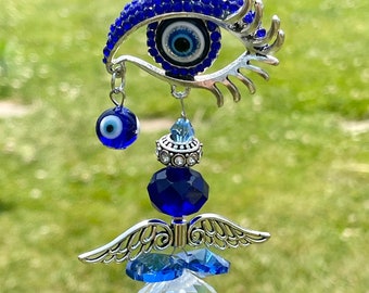 Hanging Blue Evil Eye Protection Crystal Suncatcher • Protection & Good Luck • Guardian Angel • 12.5” length with chain • 4” talisman