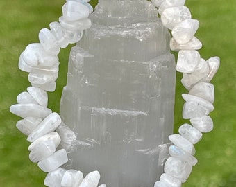 Rainbow Moonstone Bracelet • Crystal Chip Bracelet  • one size fits all • 100% gemstone chips on elastic stretch bracelet