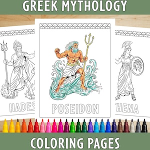 Puede incluir: Páginas para colorear con figuras de la mitología griega, como Hades, Poseidón y Atenea. La imagen muestra dibujos lineales de los dioses con el texto "Mitología griega" y "Páginas para colorear". Un conjunto de rotuladores de colores en la parte inferior.