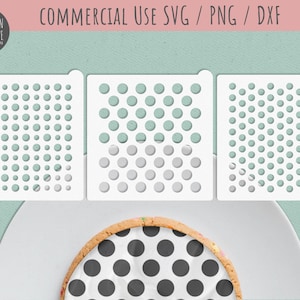 May include: Three white stencil designs with a polka dot pattern. The stencils are arranged in a row, with the leftmost stencil having a full polka dot pattern, the middle stencil having a gradient polka dot pattern, and the rightmost stencil having a full polka dot pattern. The stencils are on a light green background.