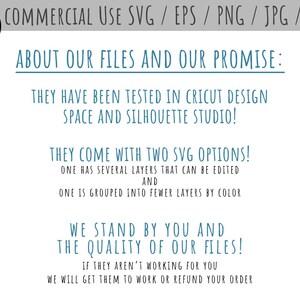 May include: A digital download graphic design file for commercial use. The text reads "Commercial Use SVG / EPS / PNG / JPG / DXF" and "About Our Files and Our Promise: They have been tested in Cricut Design Space and Silhouette Studio! They come with two SVG options! One has several layers that can be edited and one is grouped into fewer layers by color. We stand by you and the quality of our files! If they aren't working for you we will get them to work or refund your order."