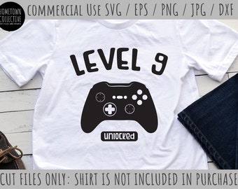 Birthday Svg, 9th Birthday, Video Game Dxf, Level 9 Svg, Video Game Controller, Png, Eps, Commercial Use Cut File, hometowncollective