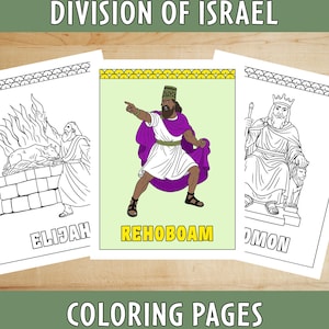 May include: Three coloring pages featuring biblical figures. The center page shows Rehoboam in a white robe and purple cloak, pointing. The other pages depict Elijah and Solomon. The text "DIVISION OF ISRAEL" and "COLORING PAGES" are at the top and bottom.